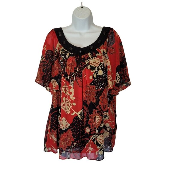 Le Bos Blouse 16W Red Layered Embellished Glitter Sparkle Slimming - Picture 4 of 11